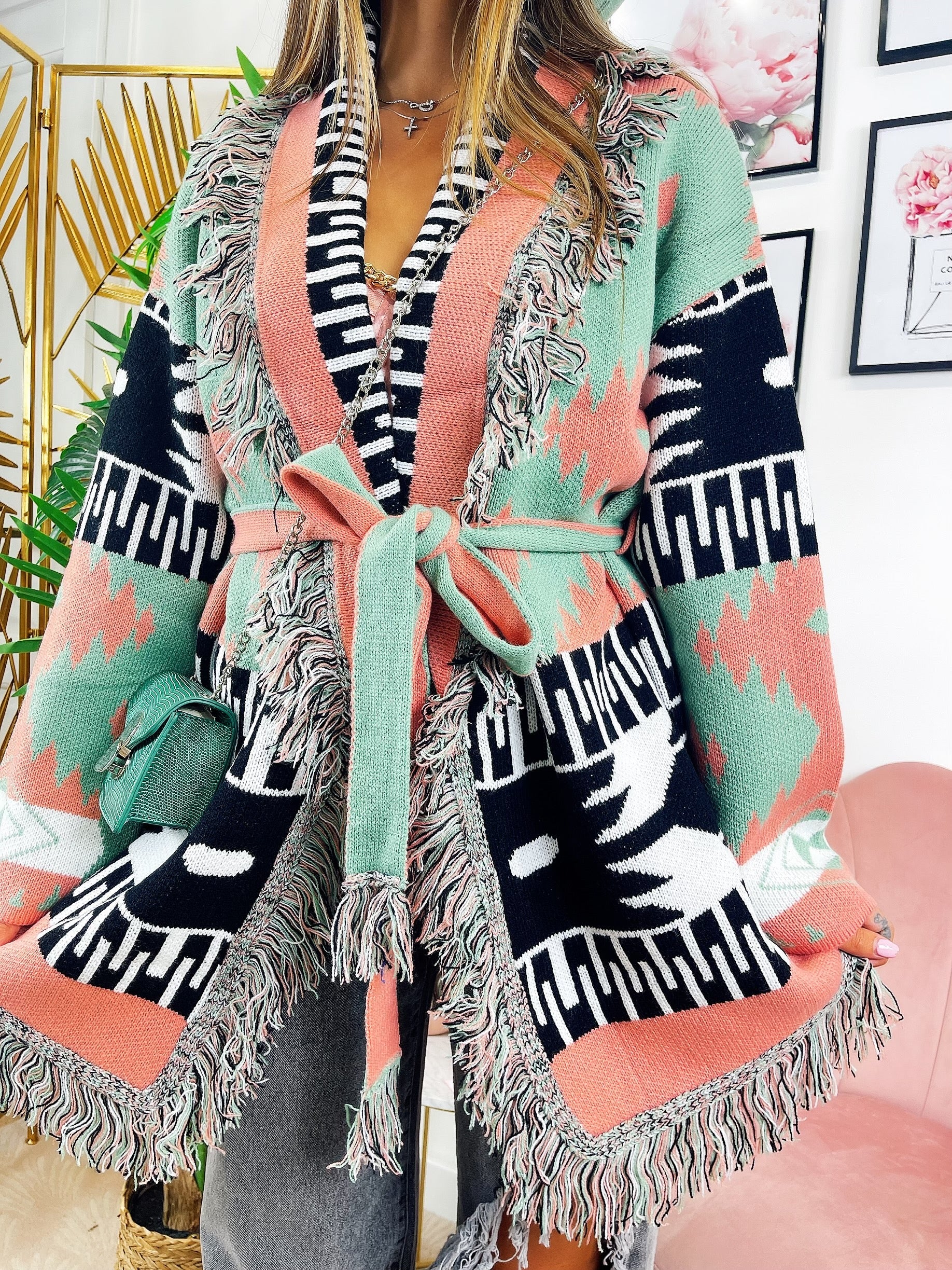 Cardigan con frange menta