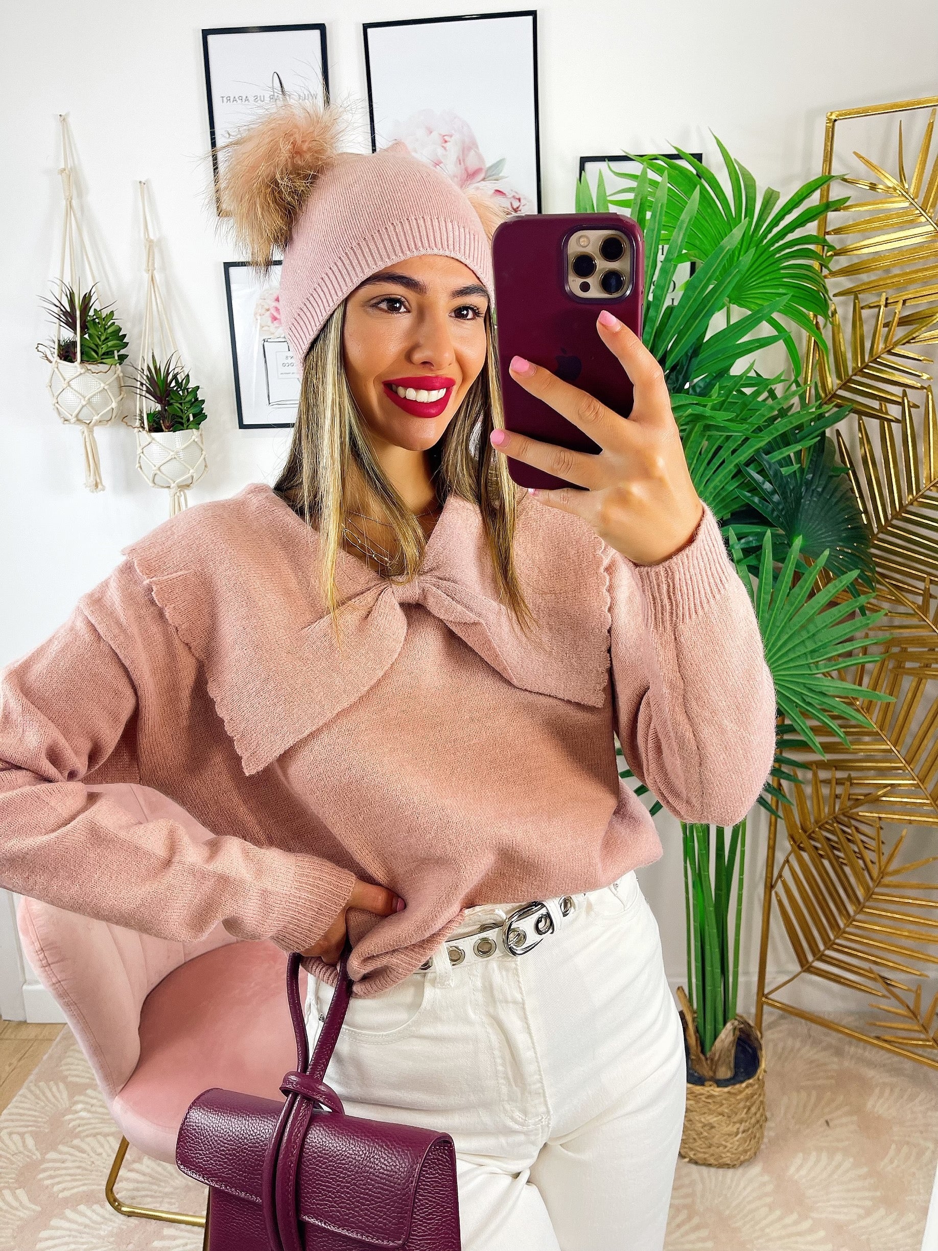 Maglione top quality collo a Camicetta e fiocco rosa