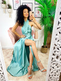 Abito in raso con maxi spacco incrociato tiffany