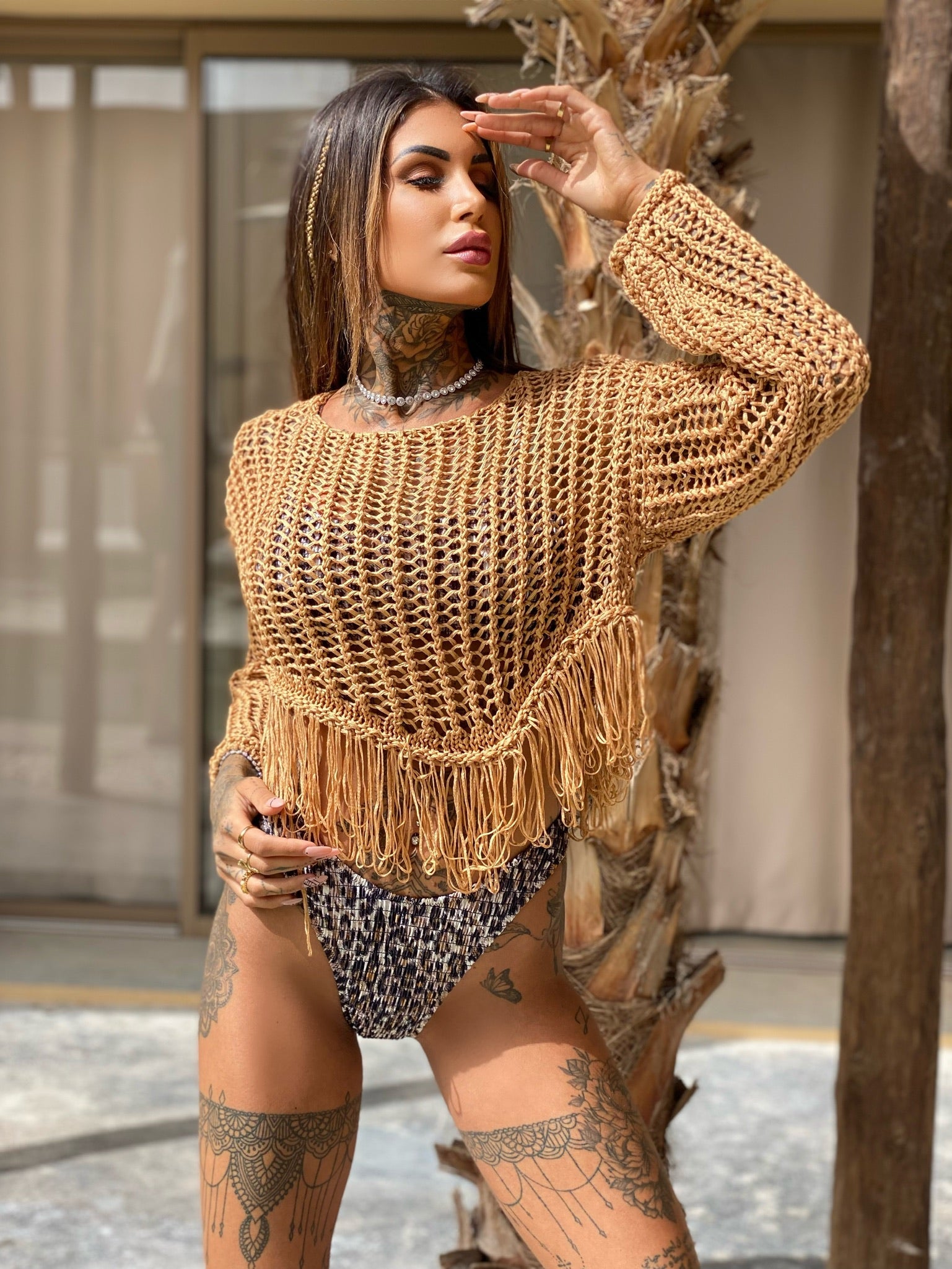 Maglia traforata con frange Camel