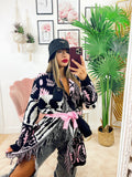 Cardigan con frange e cinta dettaglio nero rosa