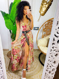 Abito in raso floreale con maxi spacco nude
