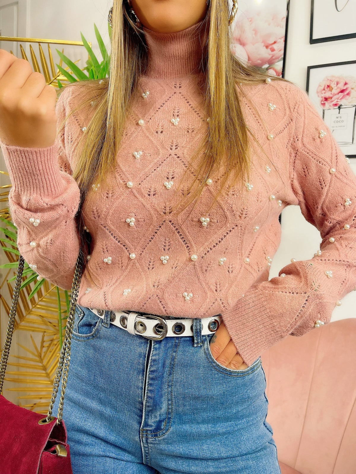 Maglione top quality con perle rosa