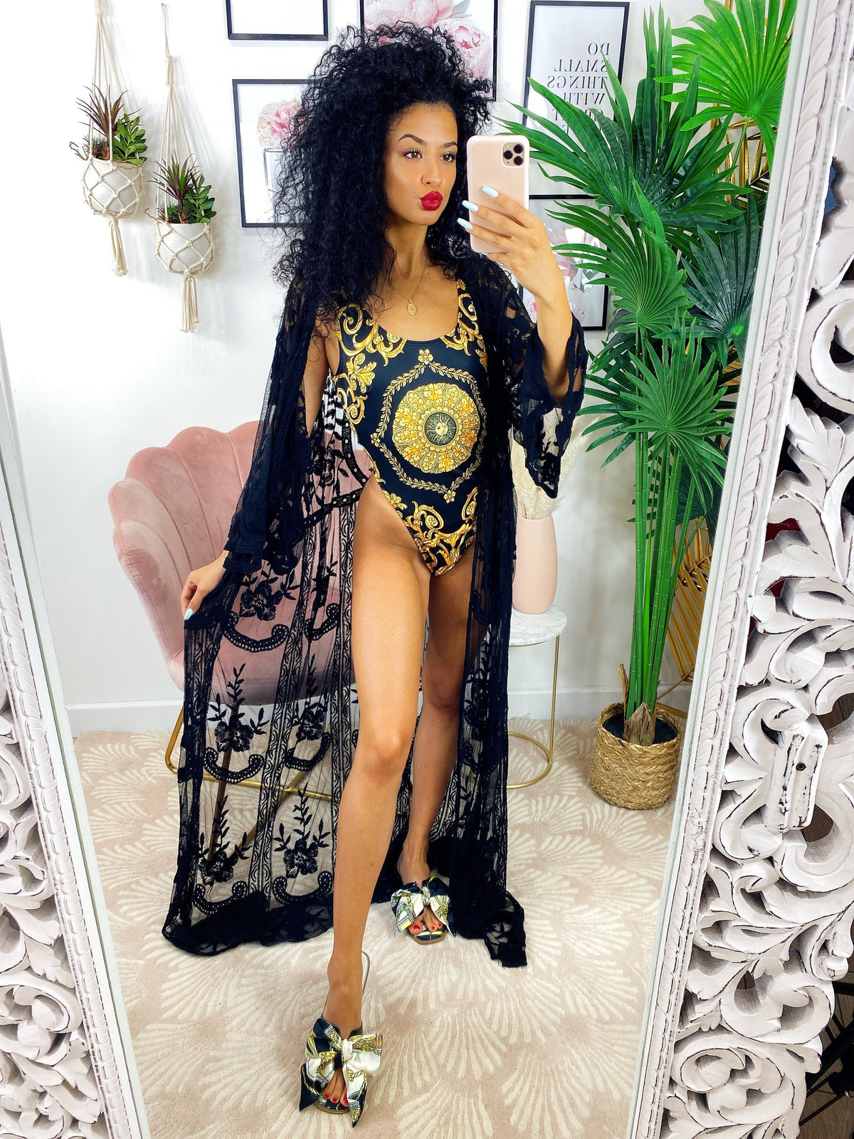 Pareo/kimono lungo in pizzo nero