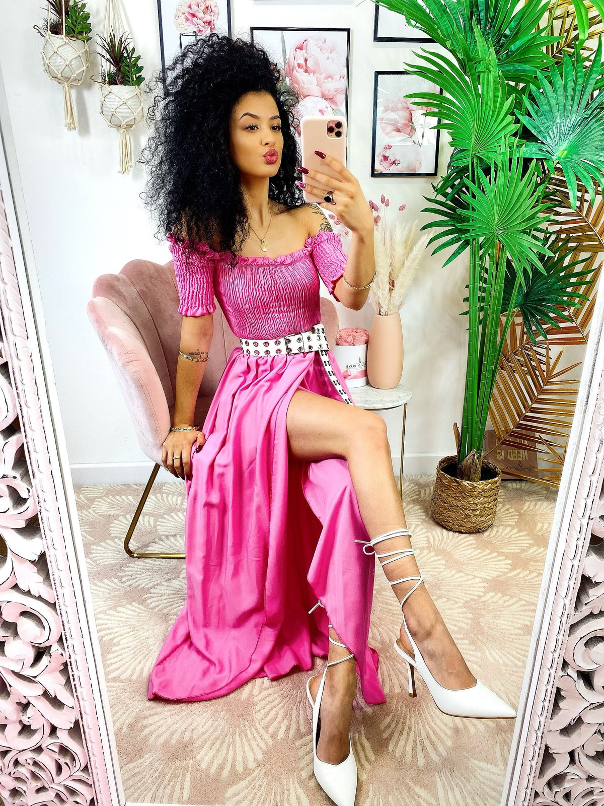 Abito lungo con scollo a barchetta rosa barbie