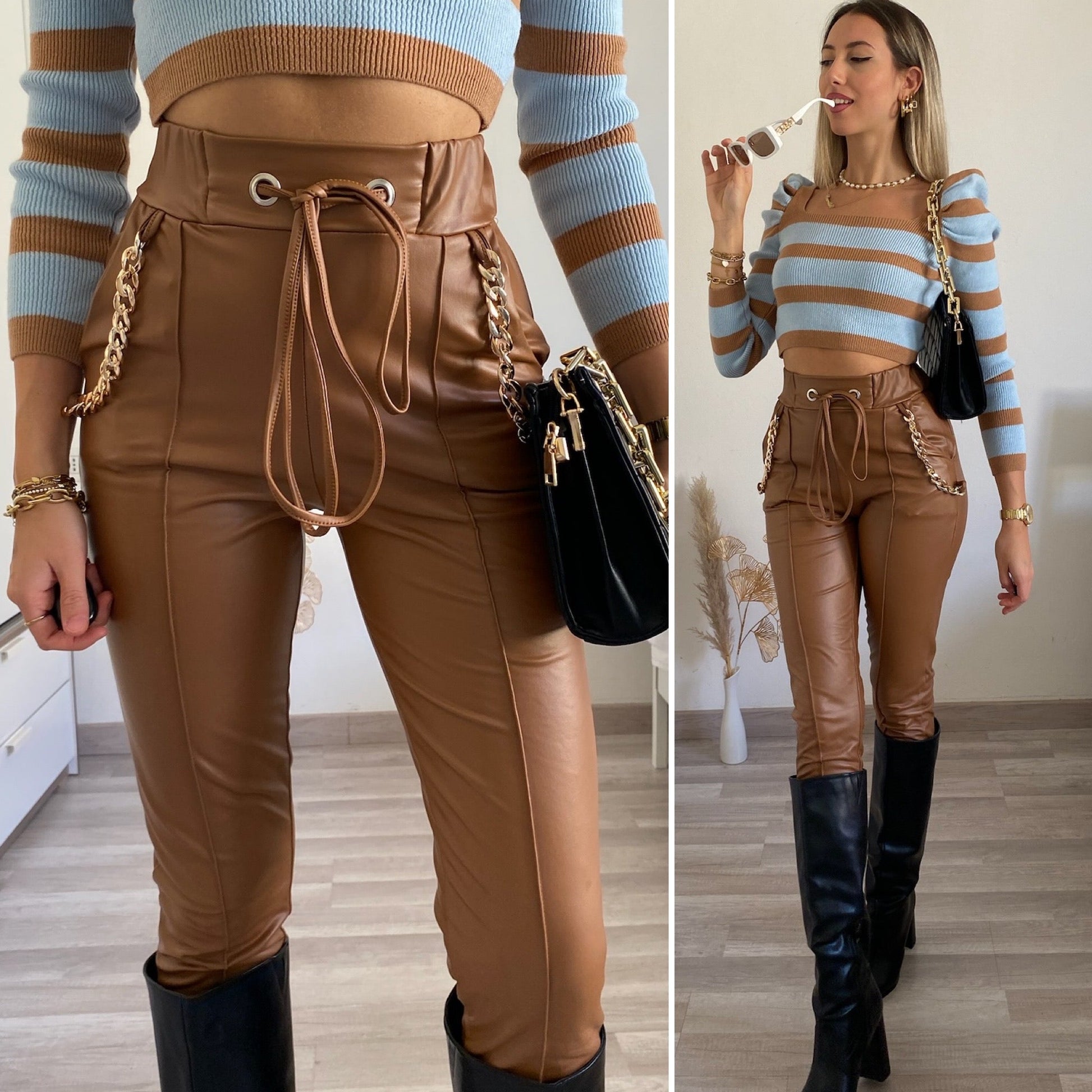 Leggins in eco-pelle con catene Camel