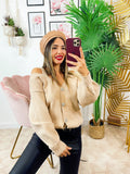 Cardigan con bottoni gioiello e spalle scoperte beige