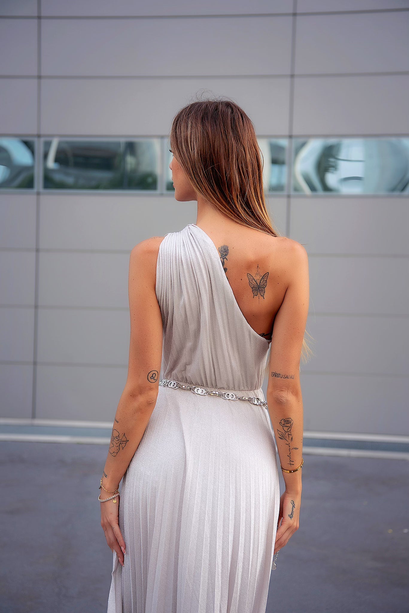 Abito monospalla glitter bianco/argento