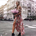 Abito lungo con scollo a barchetta a fiori rosa