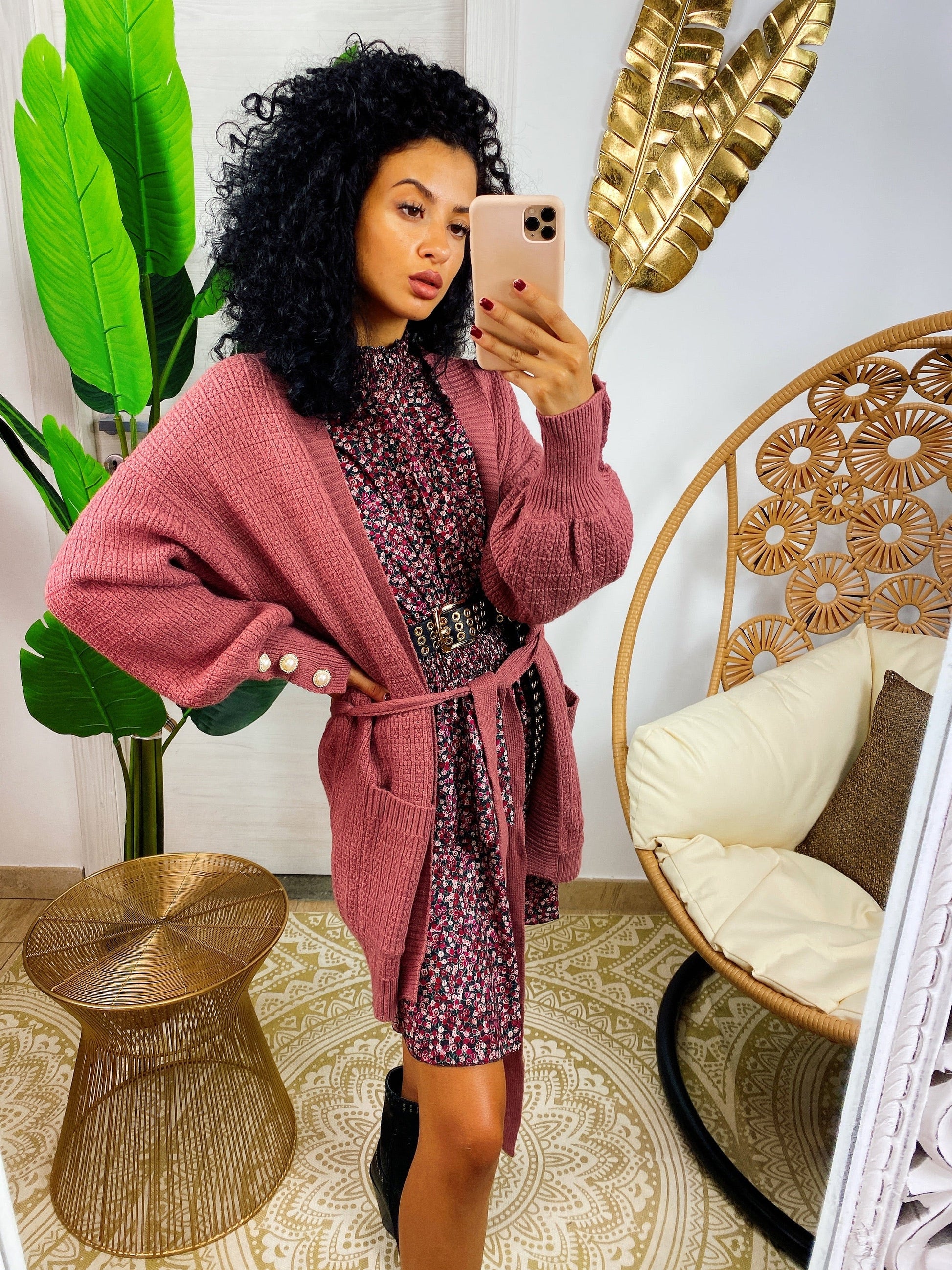 Cardigan manica lunga con perle peonia