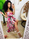 Abito con gonna asimmetrica e fiorellini Fuxia base bianco
