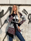 Cardigan Black/Bordeaux con frange e cinta