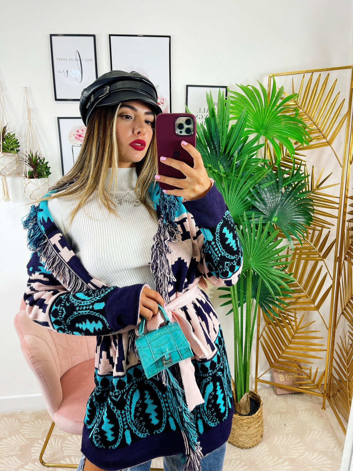 Cardigan con frange e cinta dettaglio Celeste