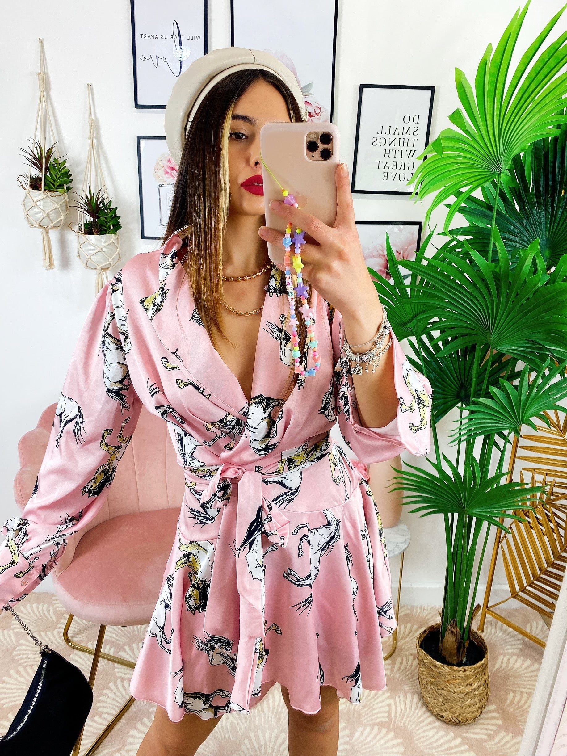 Kimono ad abito stampa cavallo Rosa