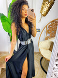 Abito in raso con maxi spacco nero
