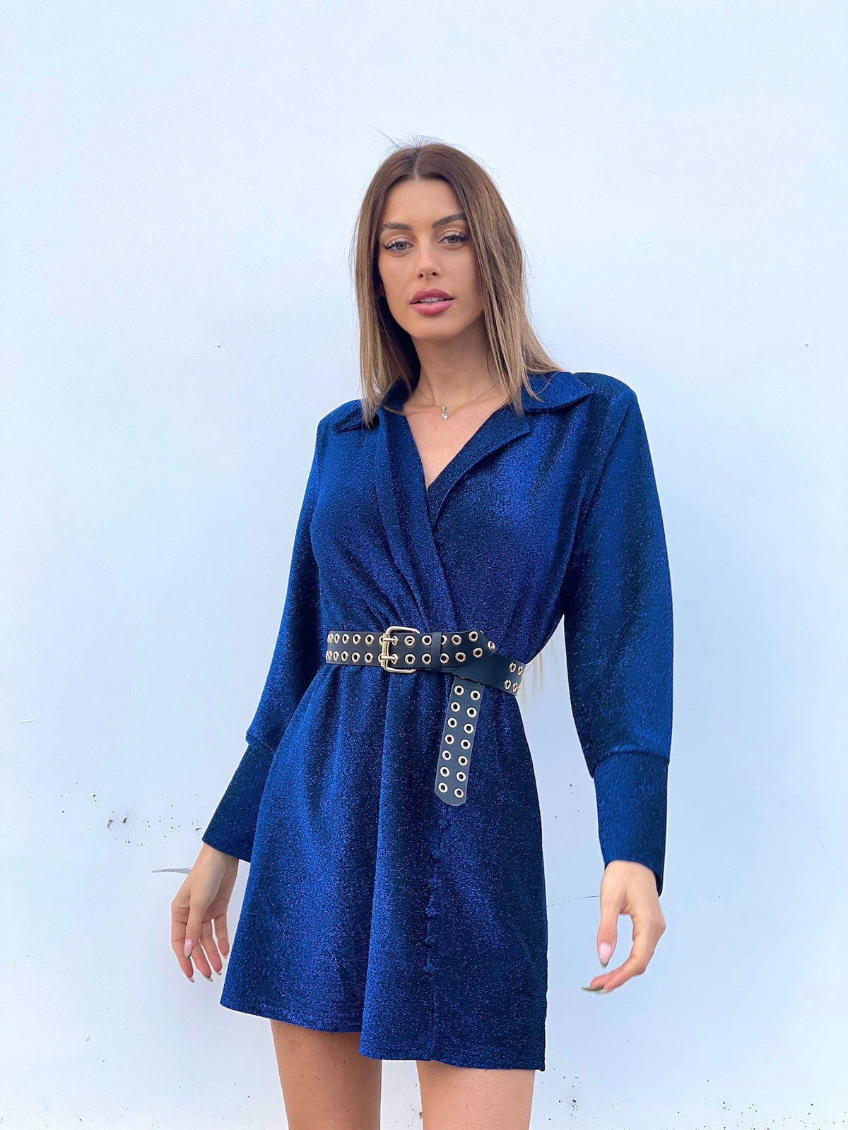 Abito glitter blu con colletto