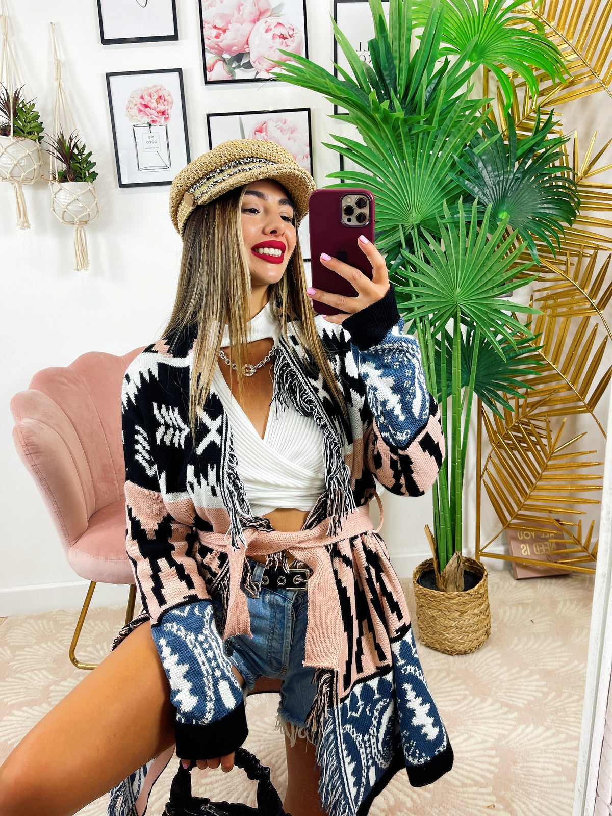 Cardigan con frange e cinta dettaglio Cipria