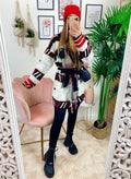 Cardigan con frange e cinta a righe e ricami