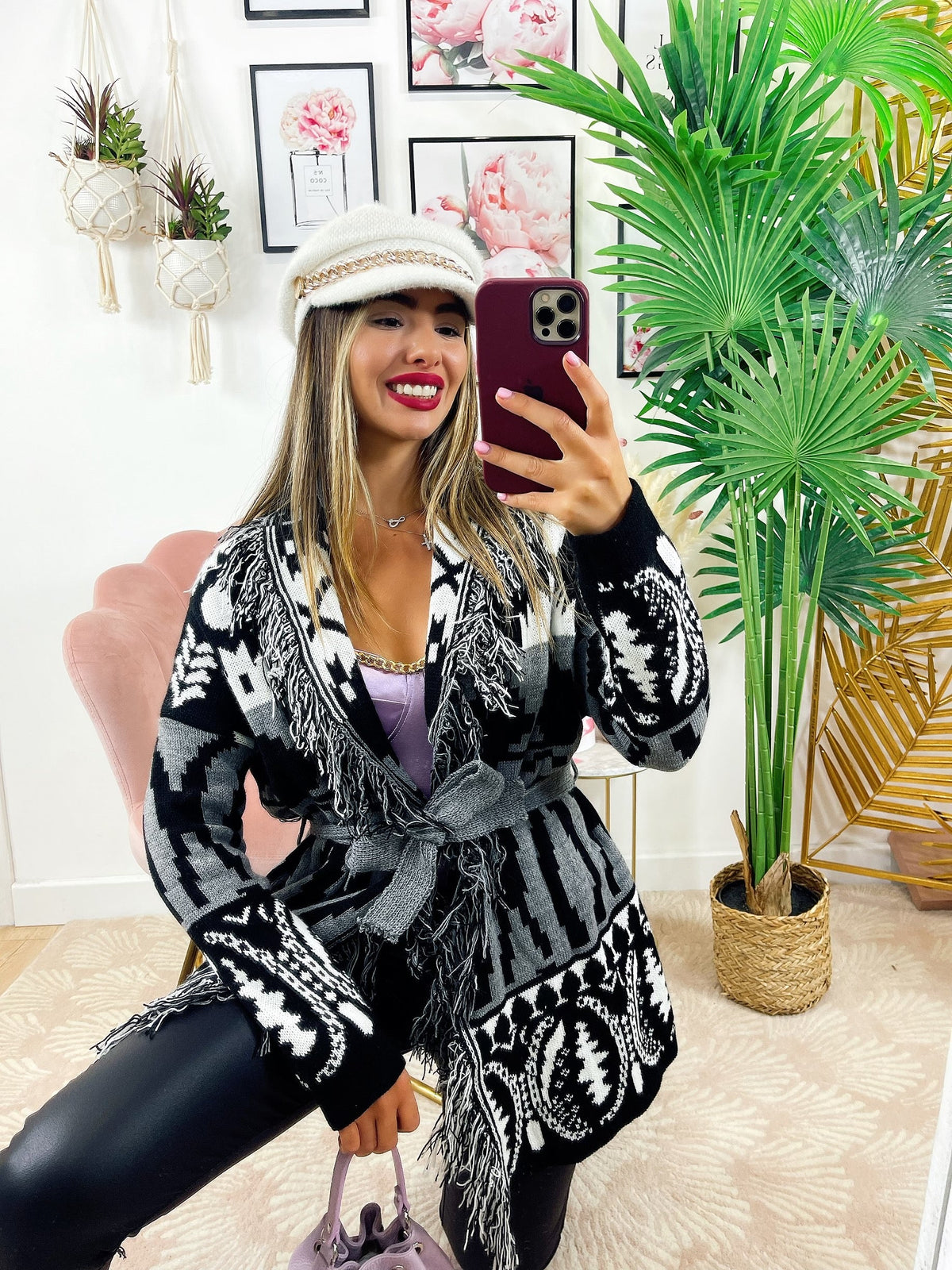 Cardigan con frange e cinta dettaglio Grigio nero
