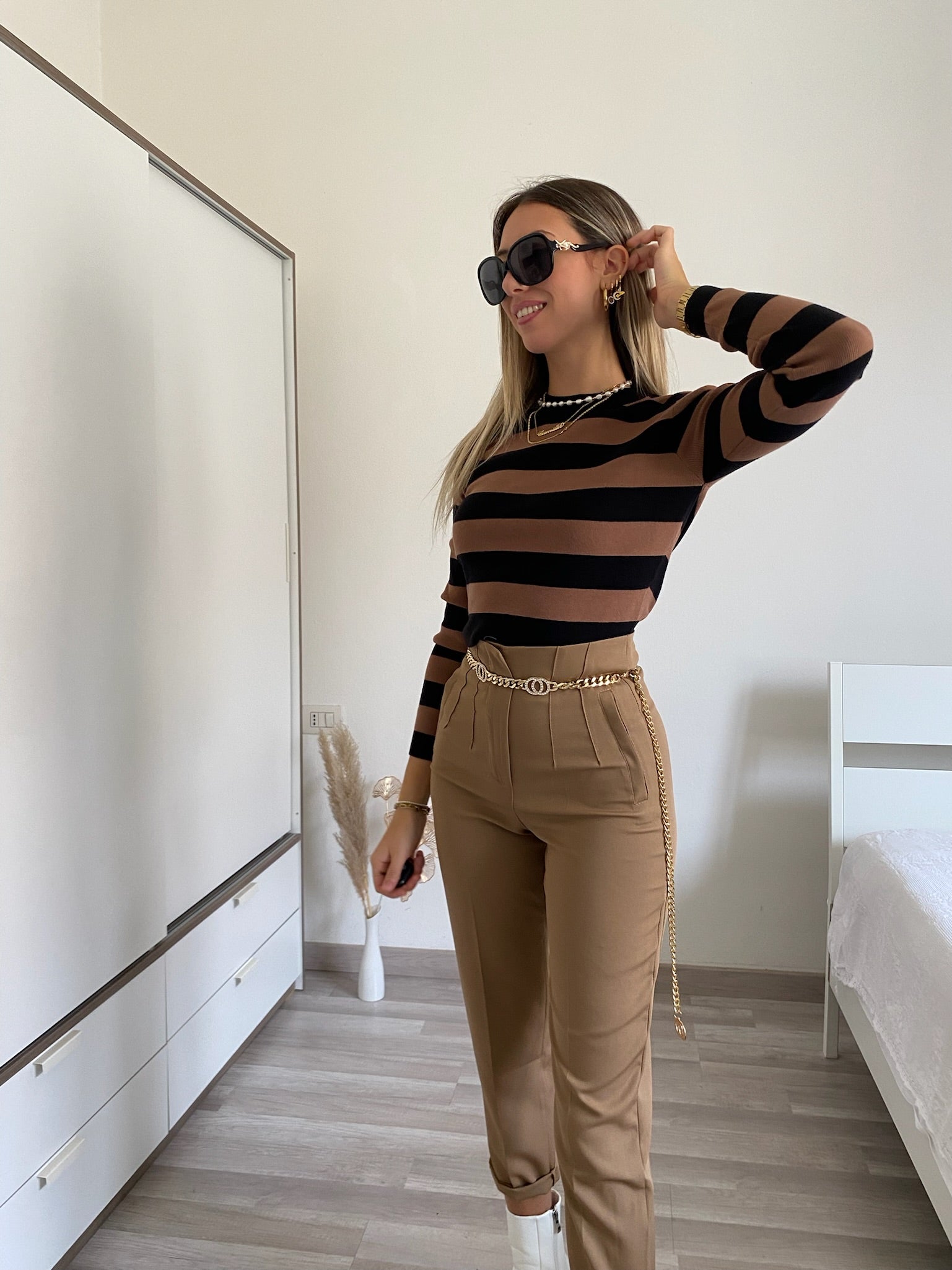 Maglioncino a righe Nero Camel