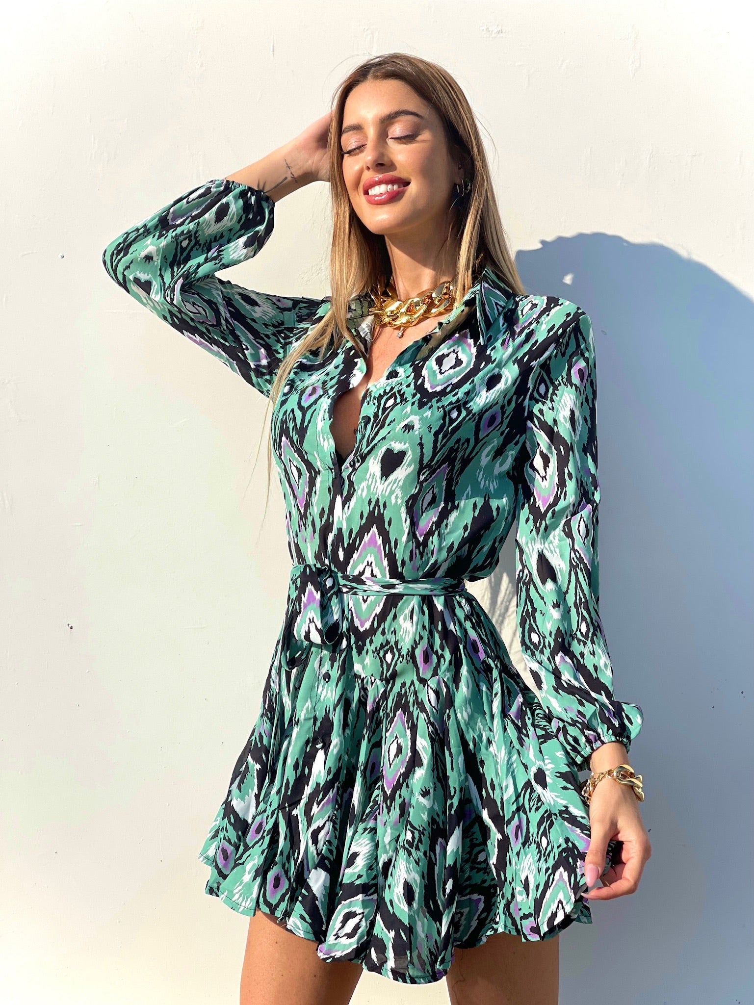 Abito con gonna a ruota dettaglio verde