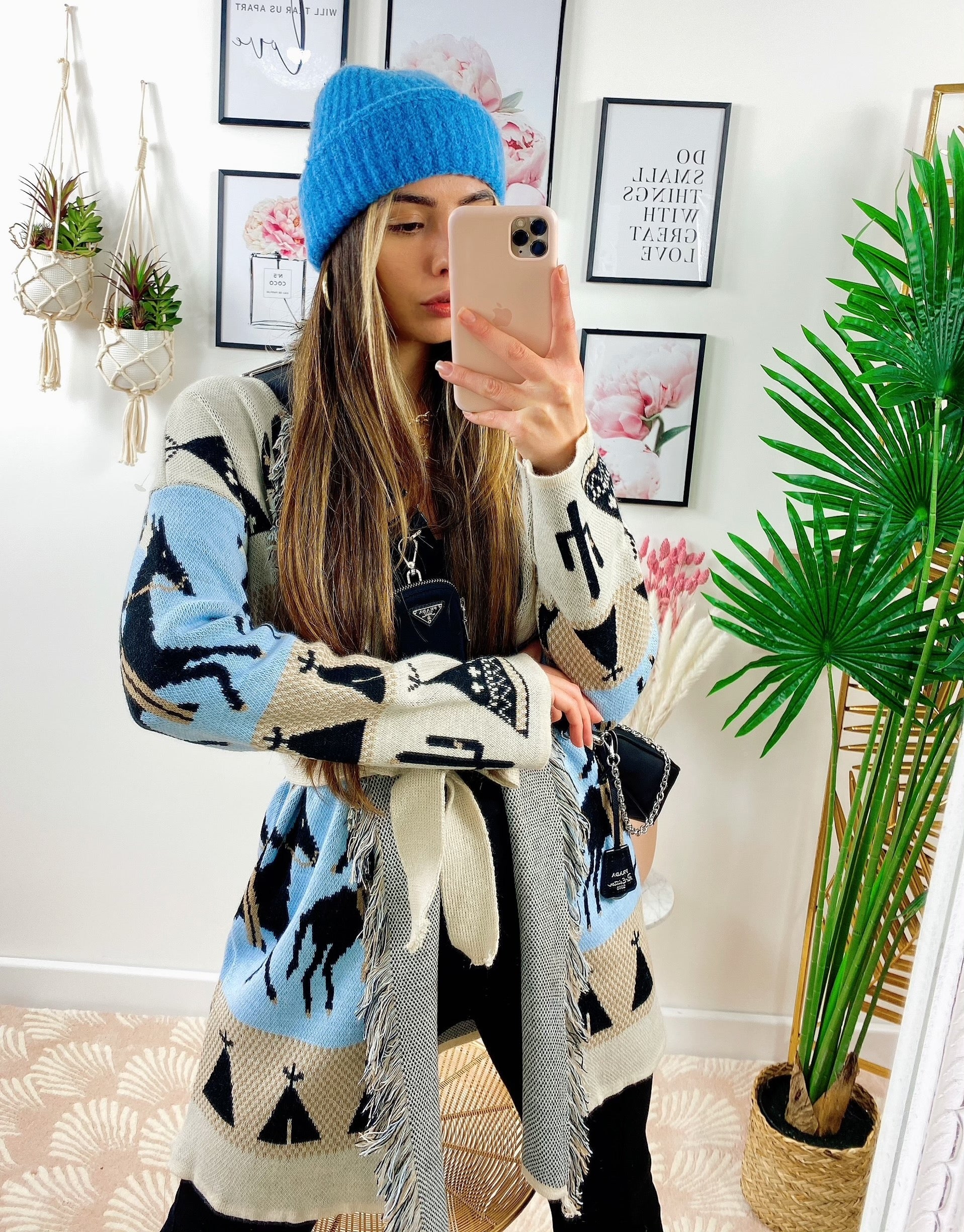 Cardigan frange e cinta con cavallo celeste