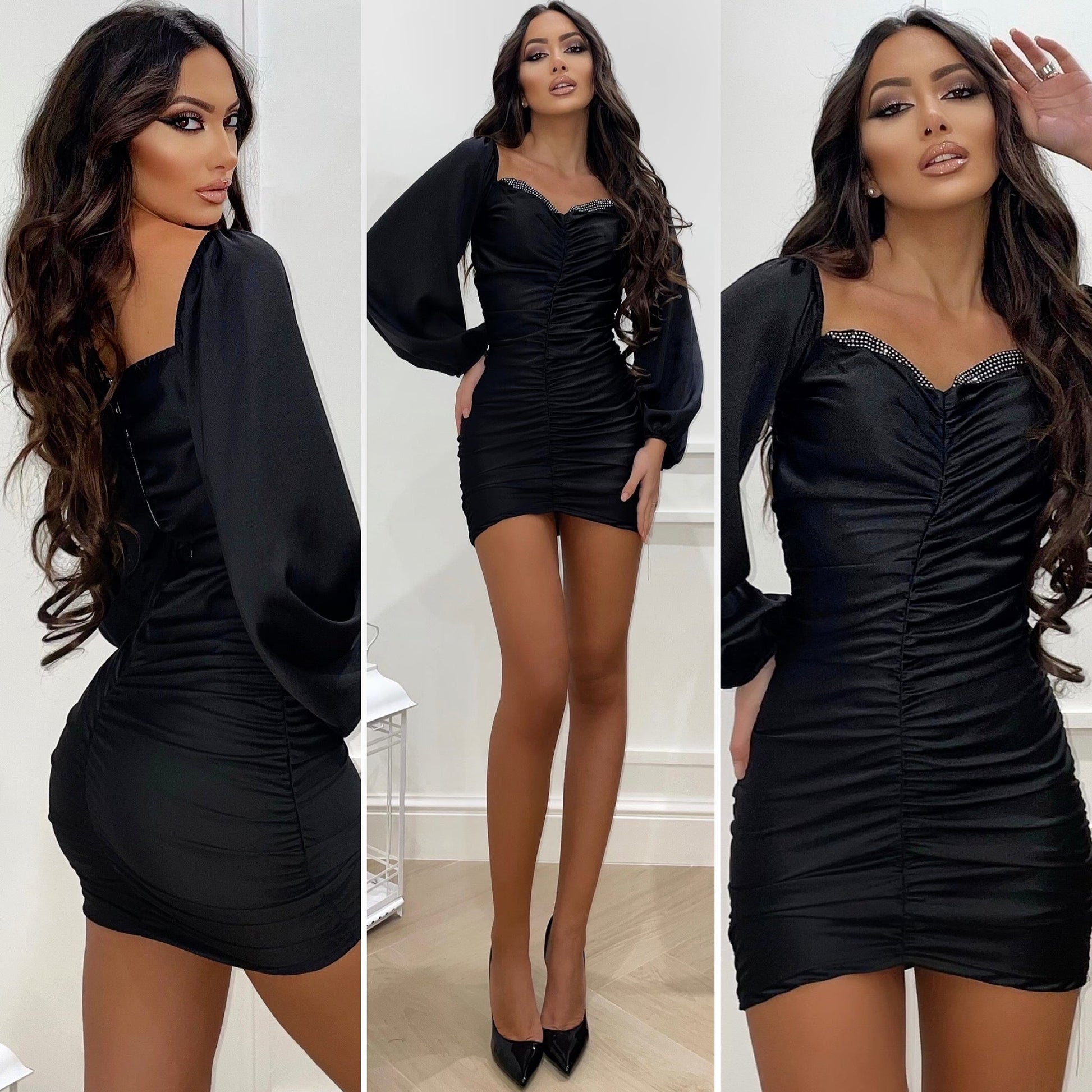 Abito in raso con drappeggio e strass
