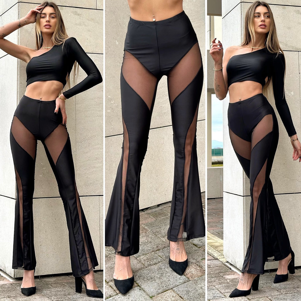 Pantaloni a zampa con trasparenze