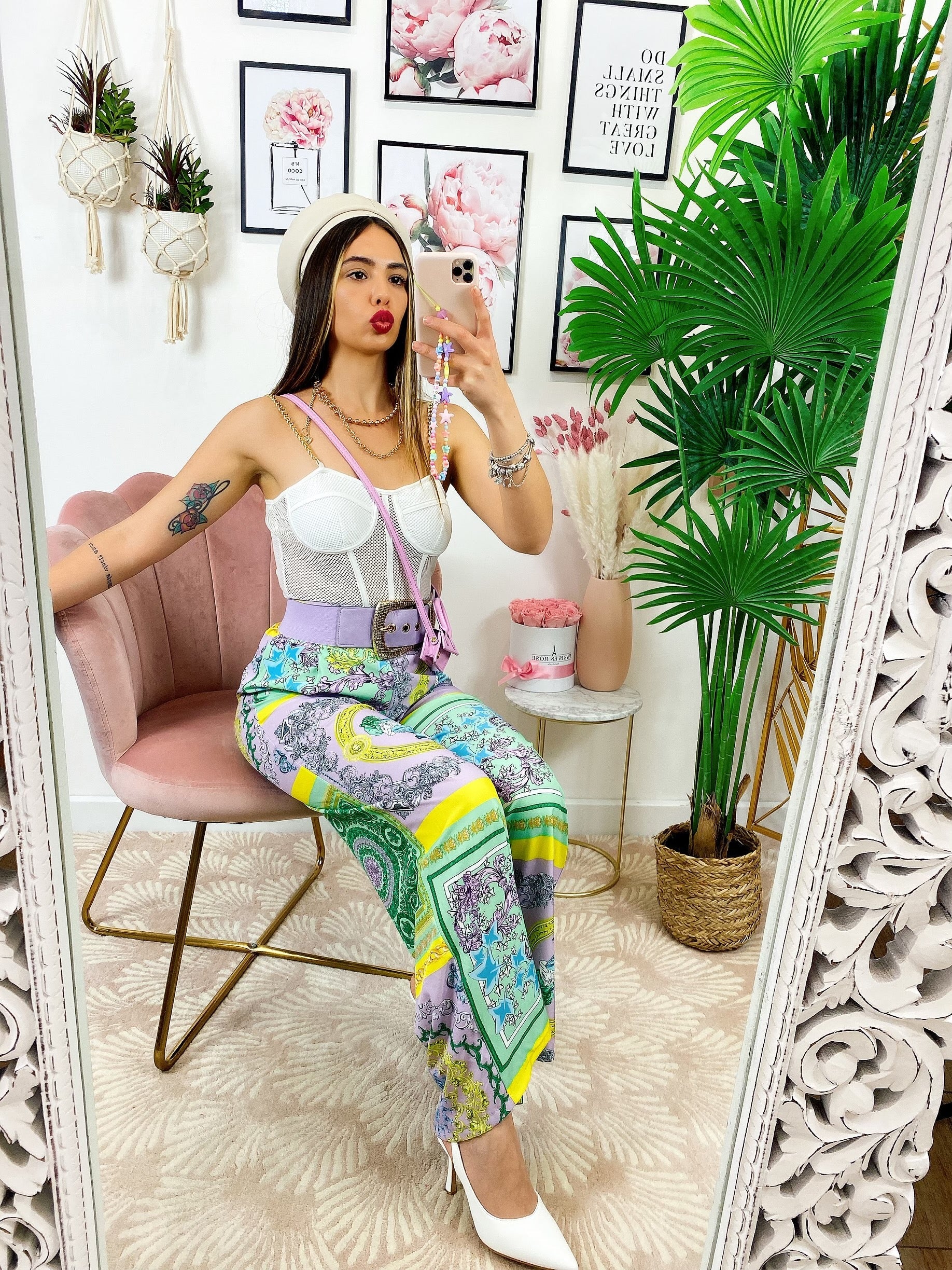 Pantalone a zampa stampa etnica Base verde