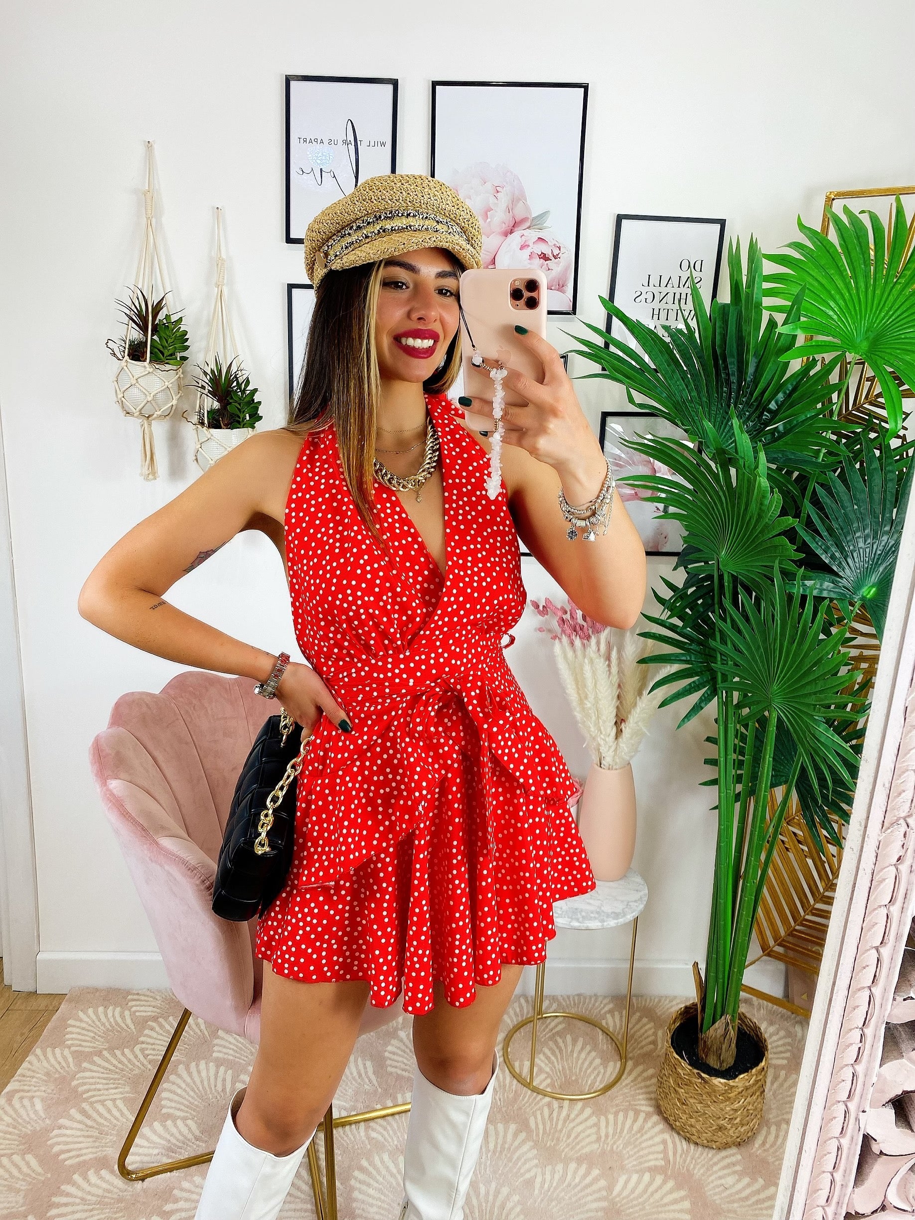 Tutina a balze e pois Rosso con cintura