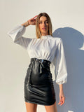 Abito con camicia di raso e gonna in ecopelle