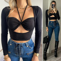 Top nero con incrocio sul collo