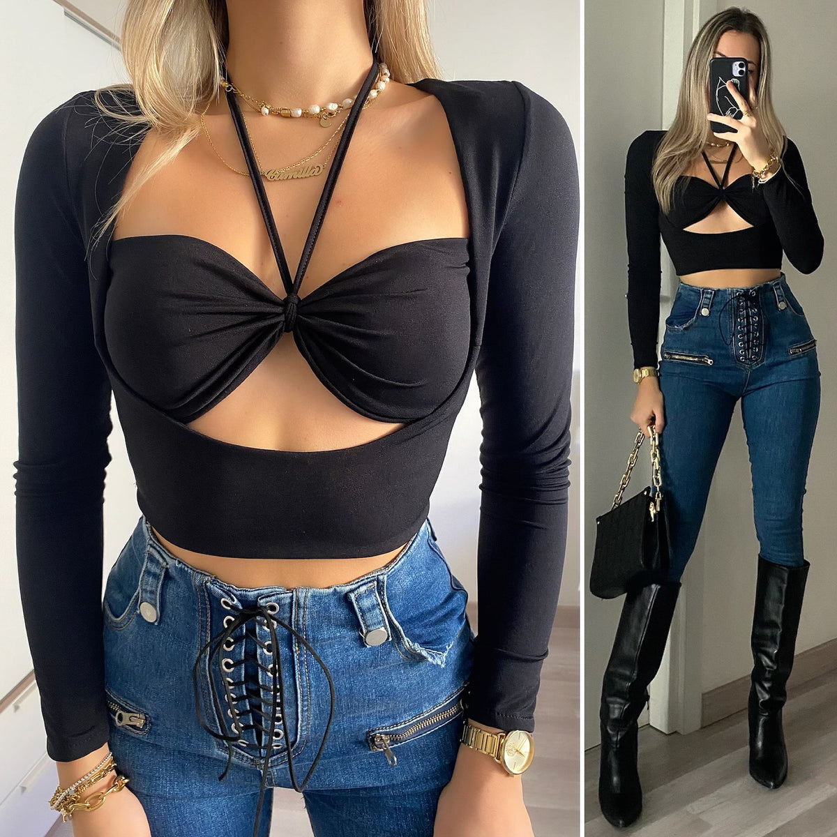 Top nero con incrocio sul collo