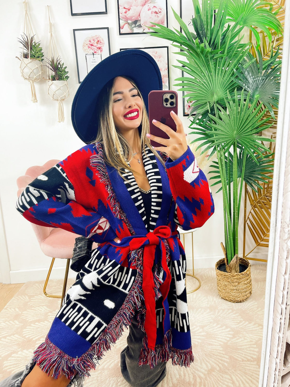 Cardigan con frange rosso blu