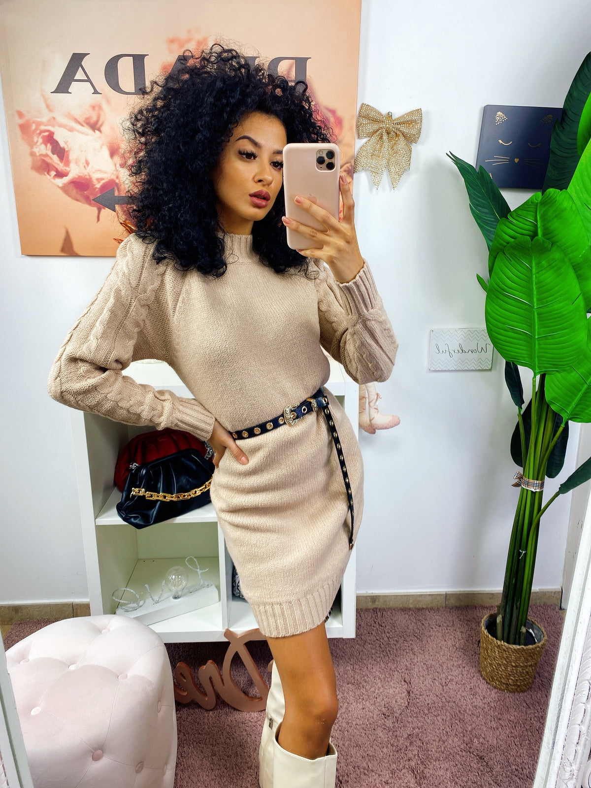 Abito in maglia con trecce e spalline Beige