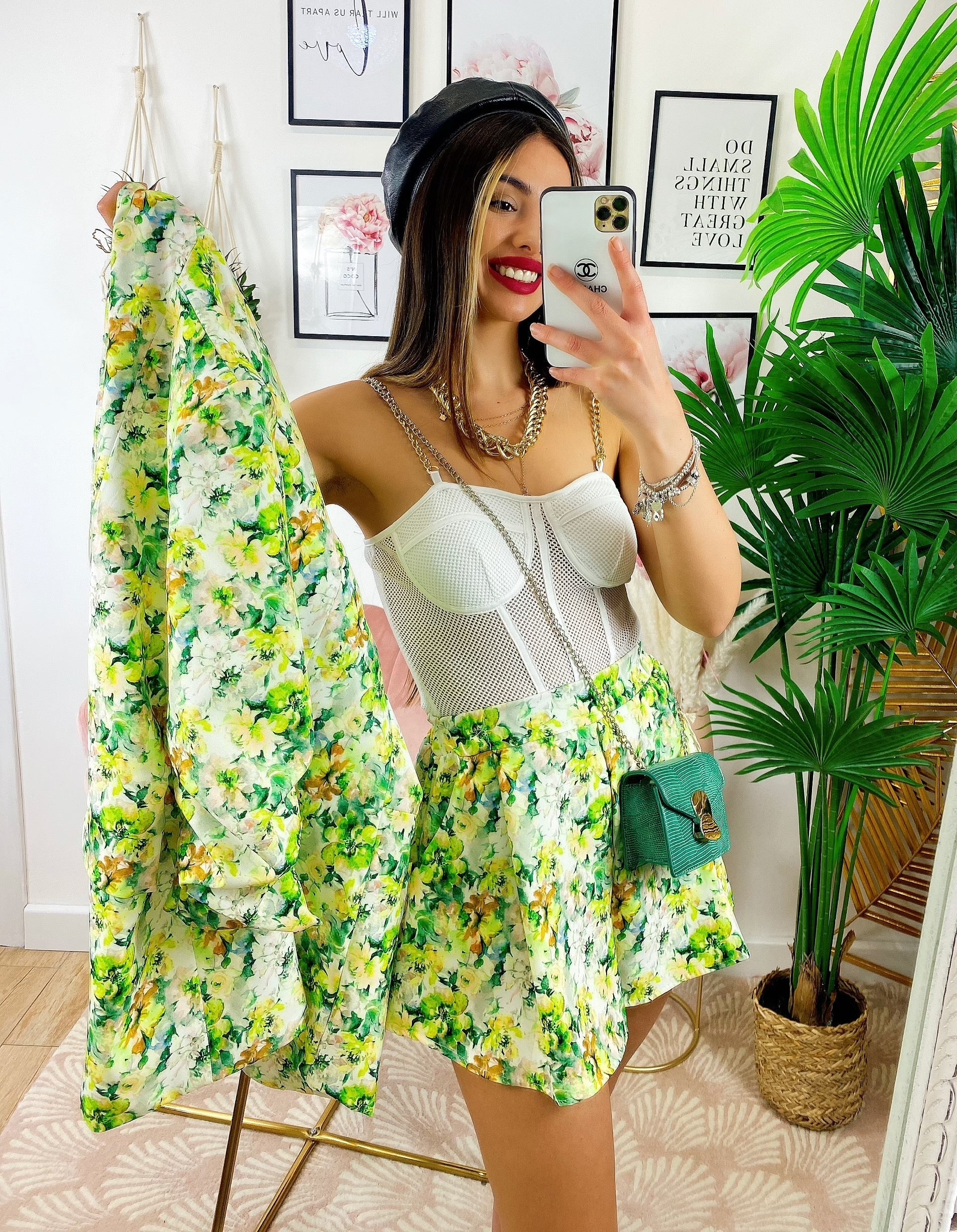 Completo Giacca e Short fiori lime