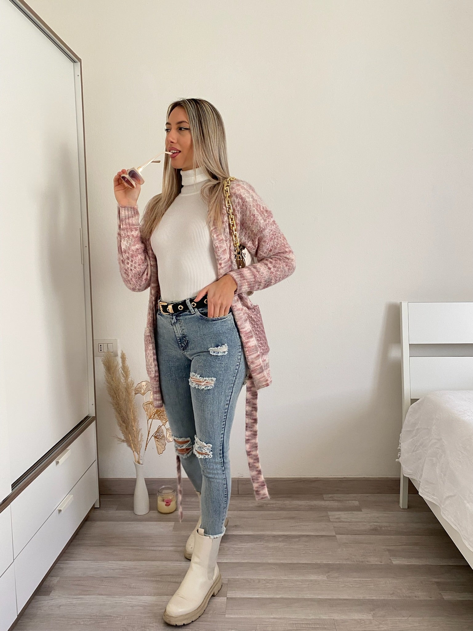 Cardigan morbido con cintura sfumature lilla