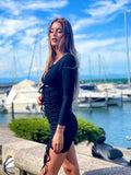 Abito arricciato nero manica lunga