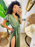 Abito lungo verde militare con spacco