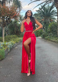 Abito rosso cintura in strass