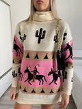 Maxi maglione collo alto con cavalli base Fuxia