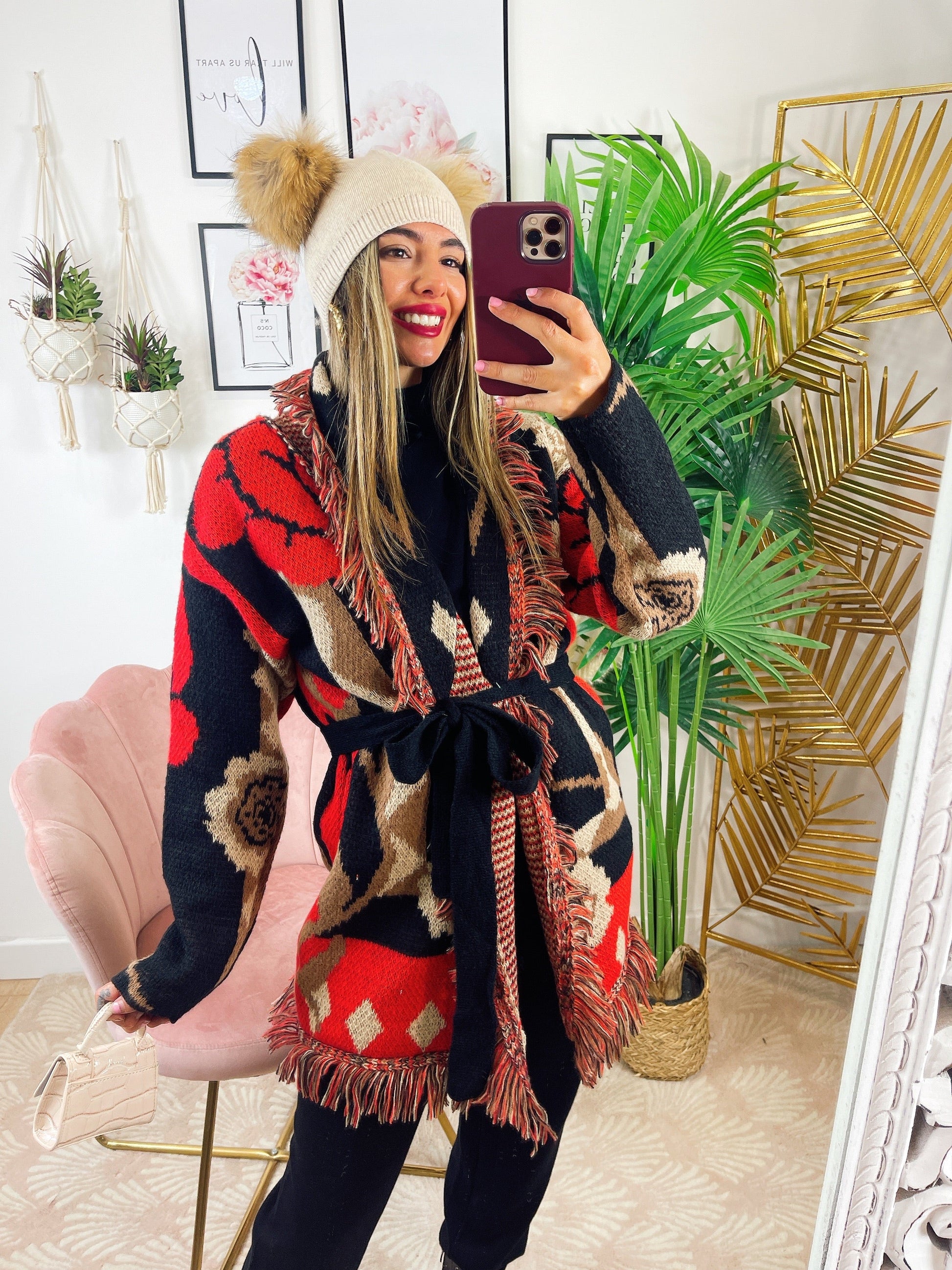 Cardigan con rose dettaglio Rosso