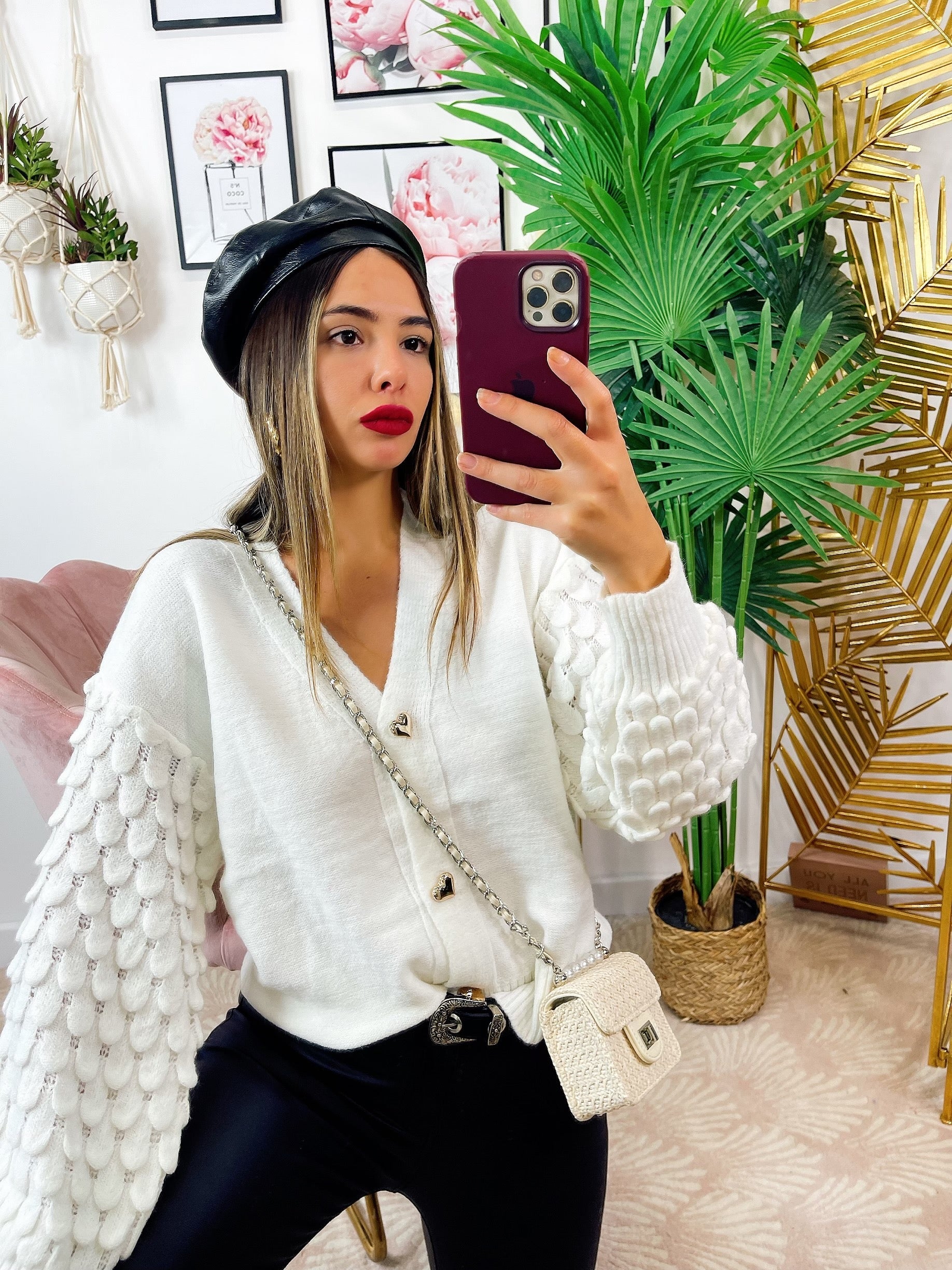 Maglione con onde e bottoni gioiello Bianco