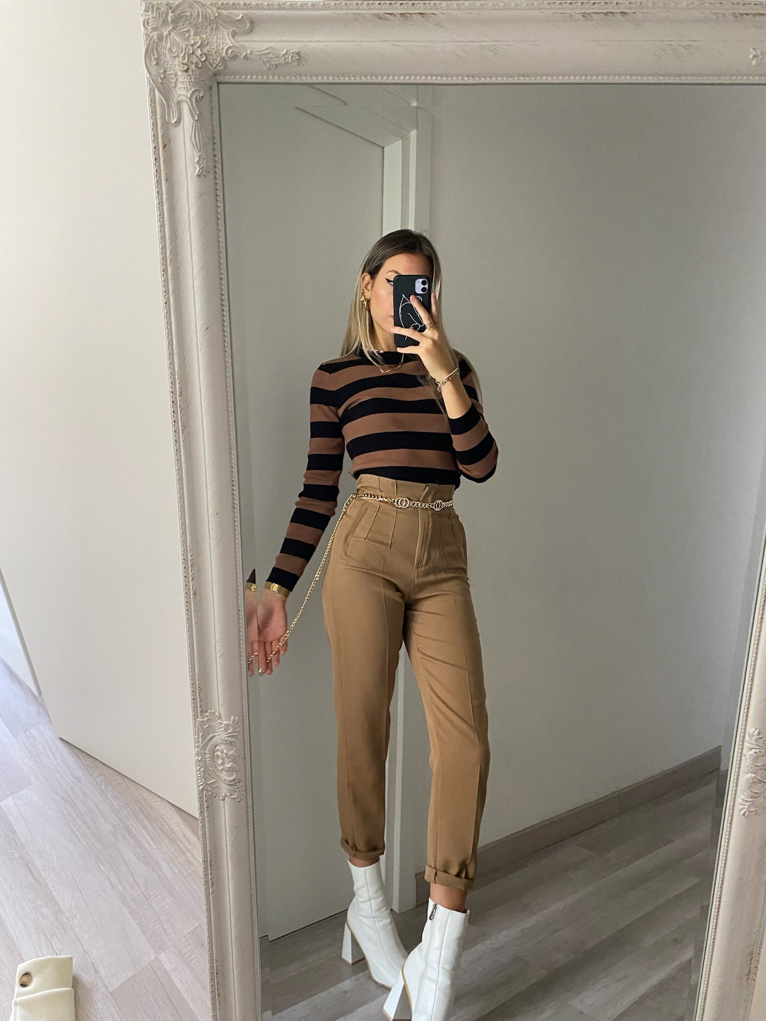 Maglioncino a righe Nero Camel