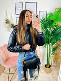 Bomber crop in ecopelle Nero