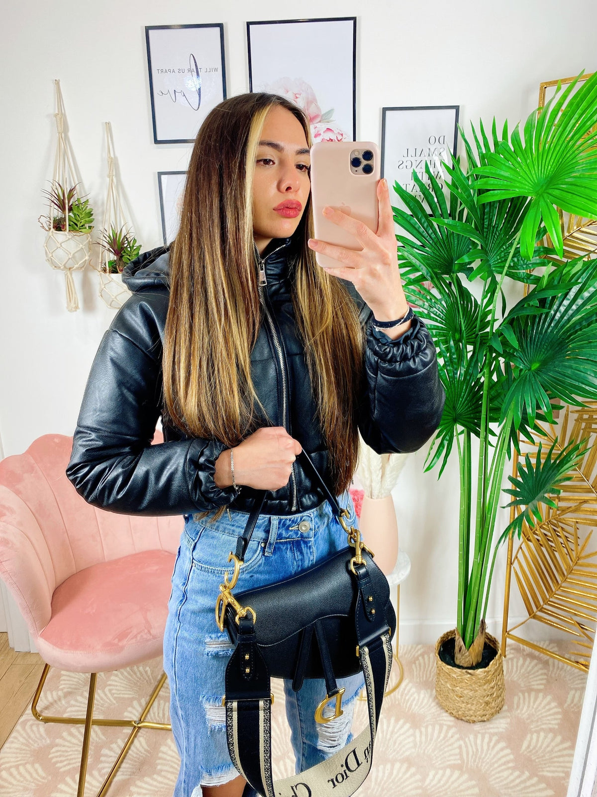 Bomber crop in ecopelle Nero