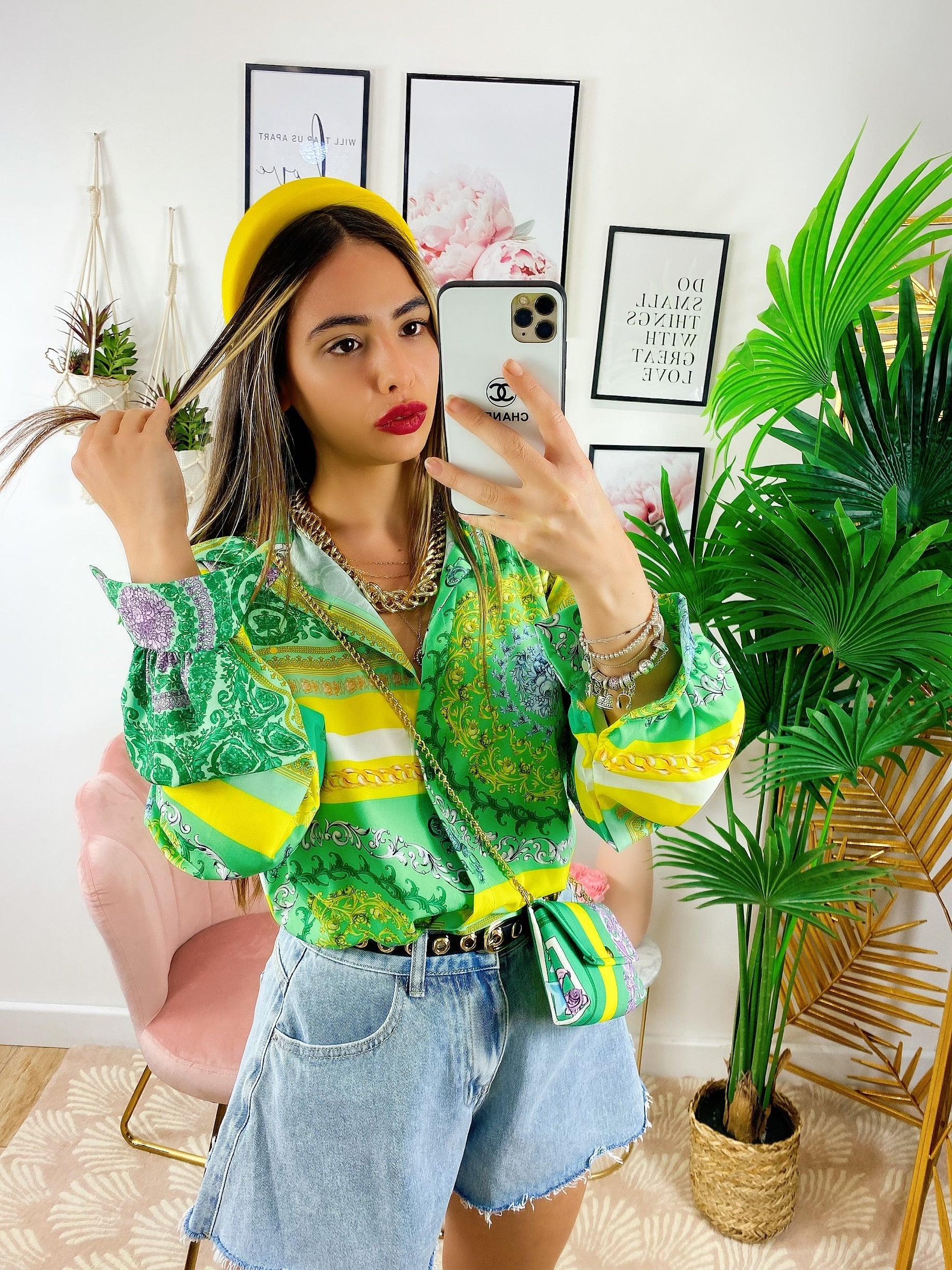 Camicia etnica dettaglio verde con borsetta