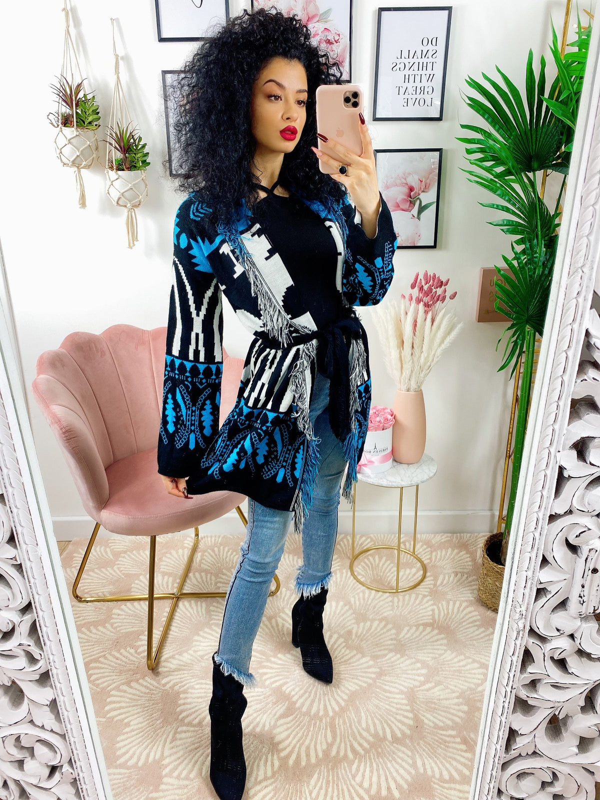 Cardigan frange e cinta sfumature azzurro