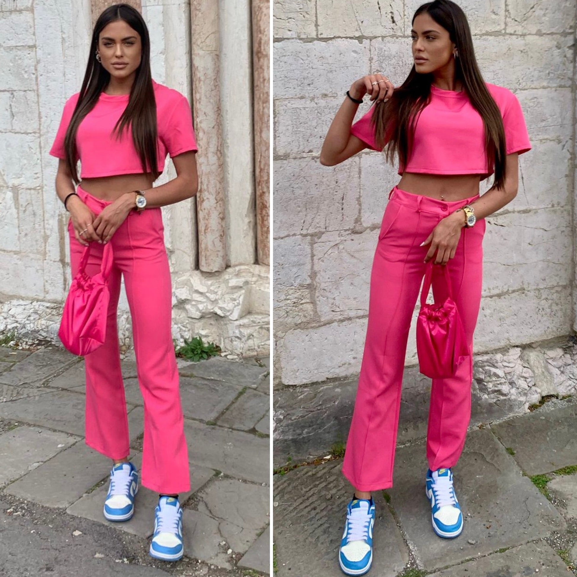 Completo maglia crop e pantalone Fuxia