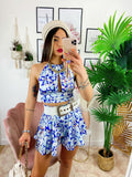 Completo floreale Gonna e top con fiocco dettagli Blu